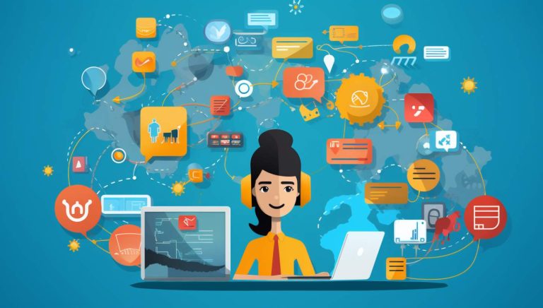 a woman sitting at a laptop with a lot of icons around her