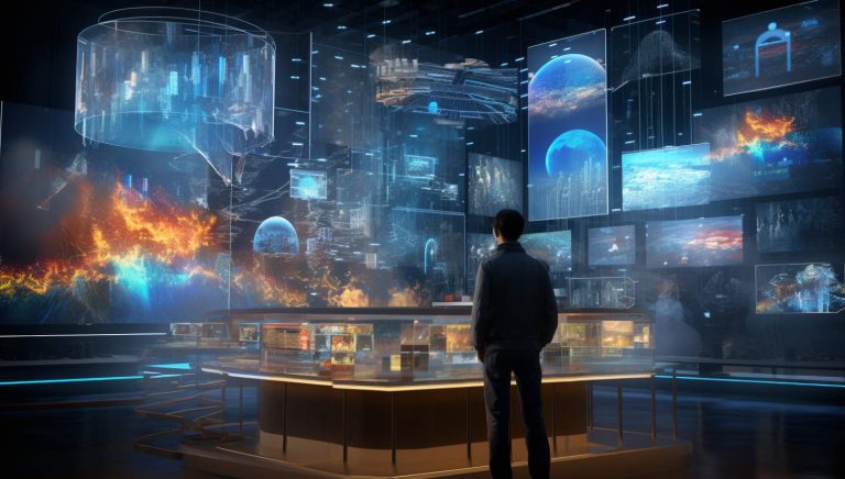 futuristic city with a man looking at a display of futuristic objects
