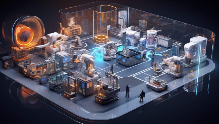 view of a futuristic city with a man standing in front of it