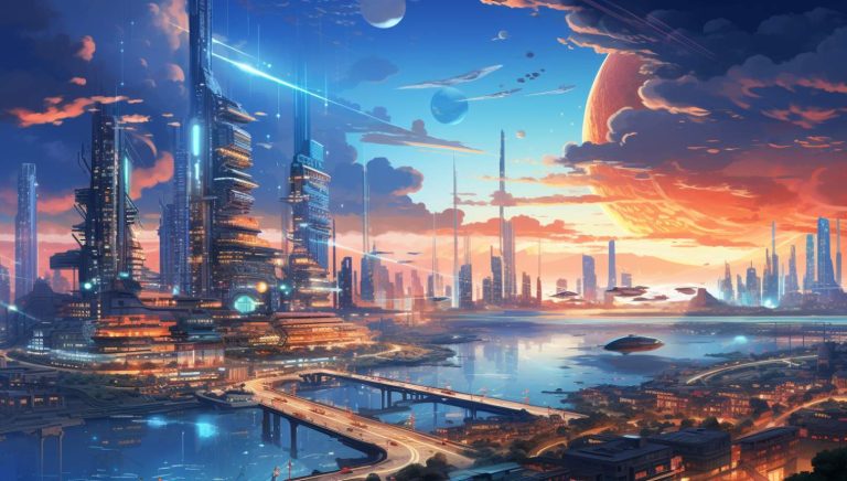 a city with a futuristic skyline and a river in the foreground