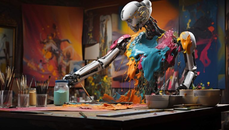 robot in a studio with paint and brushes