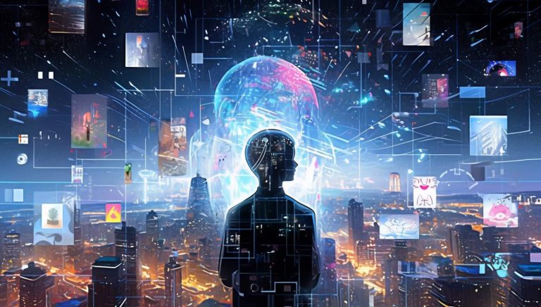futuristic man standing in front of a futuristic city with a futuristic sphere