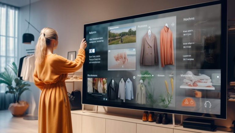woman in orange robe standing in front of a large screen television