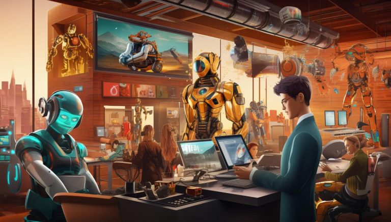 robots are working on a laptop in a room with a large window