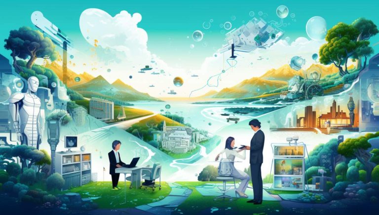 illustration of a man and woman standing in front of a computer