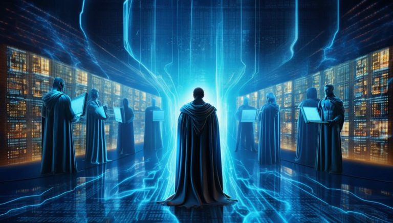 a group of people in robes standing in a room with a blue light