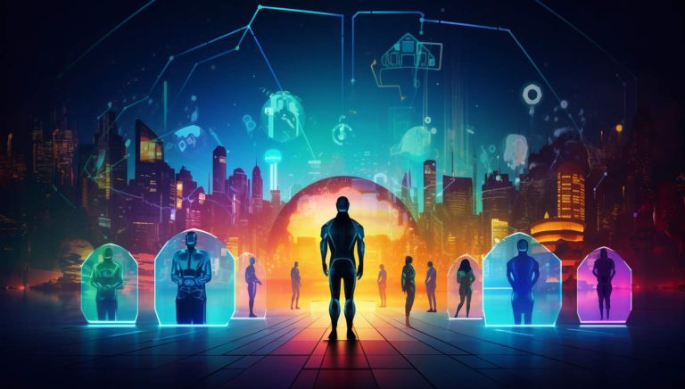 a man standing in front of a futuristic city with neon lights