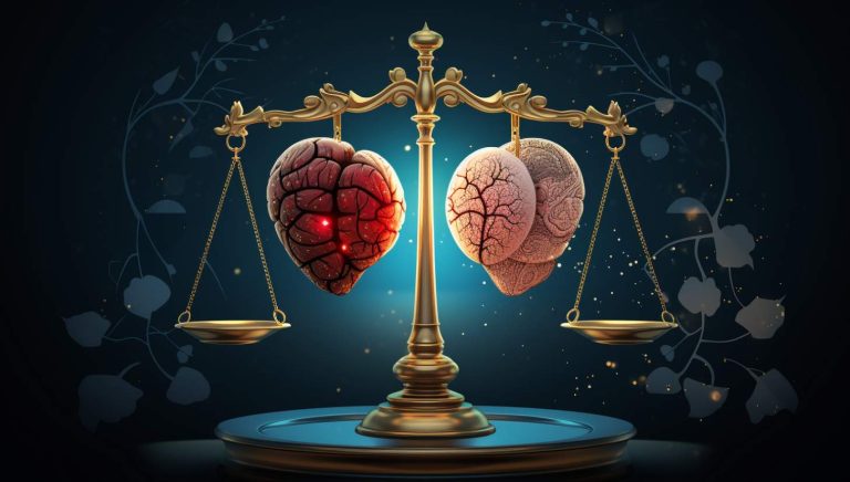 a close up of two human brain halves on a scale