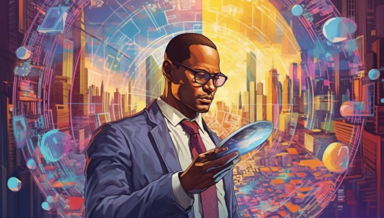 a close up of a man in a suit holding a tablet