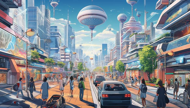 anime city with people and cars on a busy street