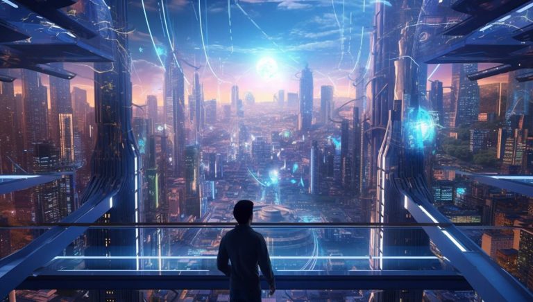 futuristic city with a man standing on a platform looking at the city