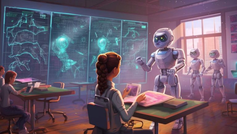 robots are standing in a classroom with a woman sitting at a desk