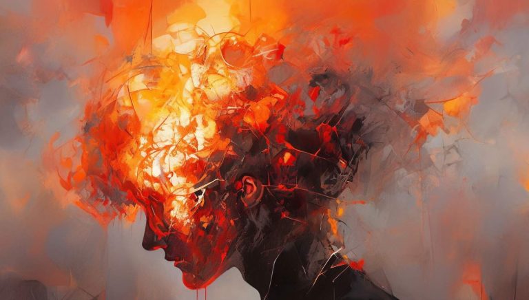 painting of a woman with a fire head in the background