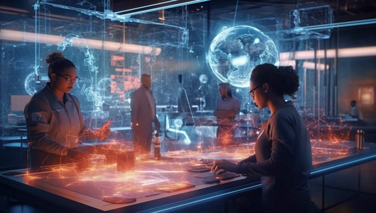 people in a science lab looking at a table with glowing lights