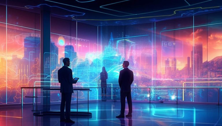 people standing in a futuristic room with a city skyline in the background