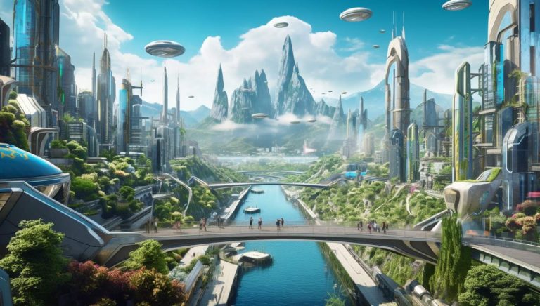 a futuristic city with a river and a bridge in the middle