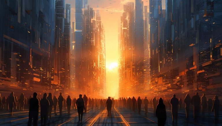 people walking in a city at sunset with a city skyline in the background