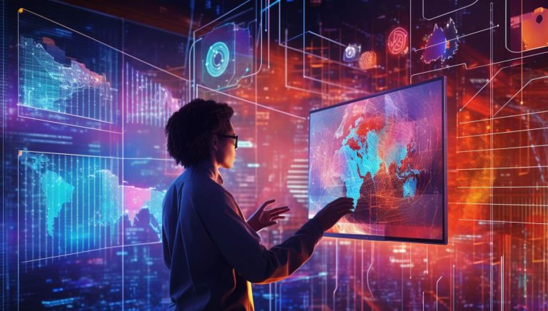 a woman in a virtual world with a computer screen