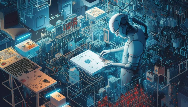 a close up of a robot with a laptop on a city
